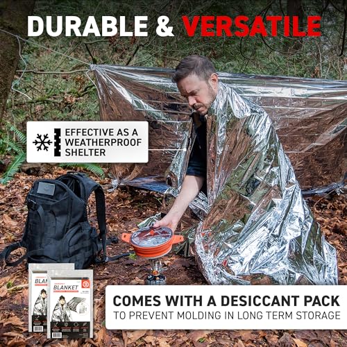 72 HRS MIL-SPEC Emergency Space Blankets – Mylar Survival or Emergency Thermal Blankets for Camping, Hiking, Marathon, First Aid, Emergency Preparedness, Extreme Weather, Shelter (12-Pack)