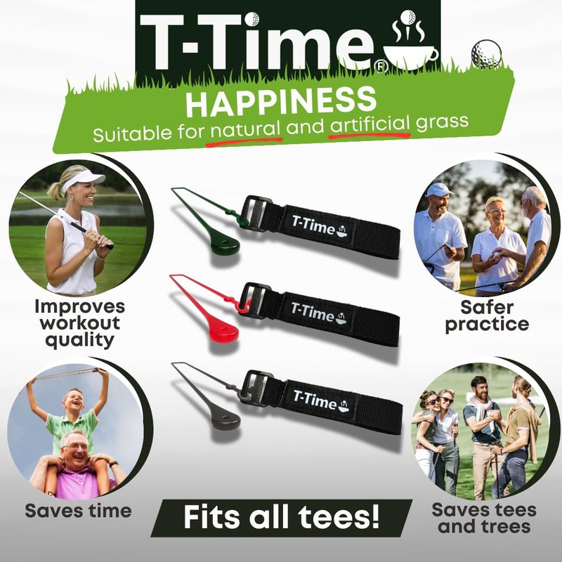 T-Time® Golf Tee Anchor Leash & Tether – US Patented – Keeps Tees in Place for Driving Range and Simulator Practice, 1 Strap + 3 Silicone Strings (Pink, Green, Grey)