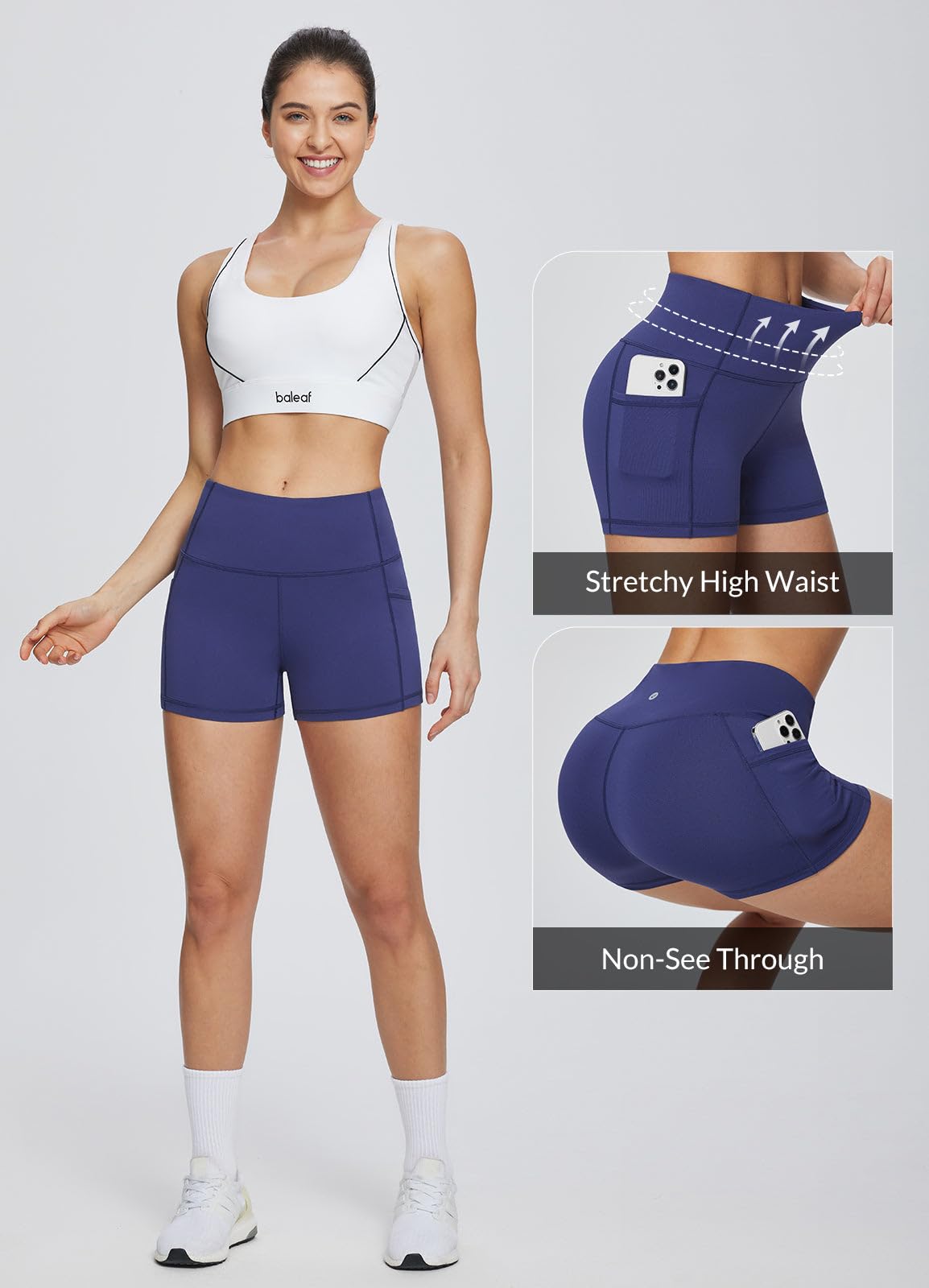 baleaf Gym Workout Shorts Women 3" Biker Yoga Spandex Running Volleyball Tummy Control Compression Short with Pockets Navy Blue M