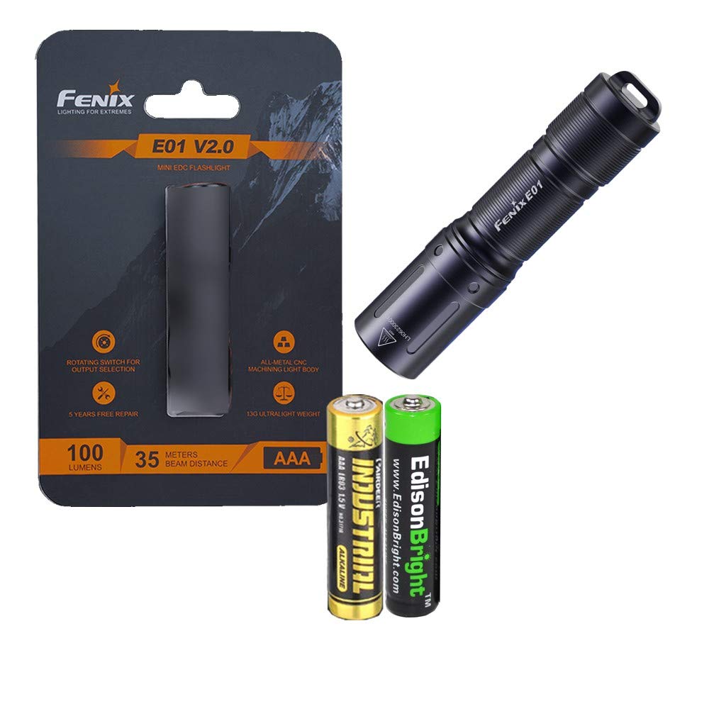 Fenix E01 V2 100 Lumen LED flashlight with EdisonBright AAA alkaline battery bundle (Black)