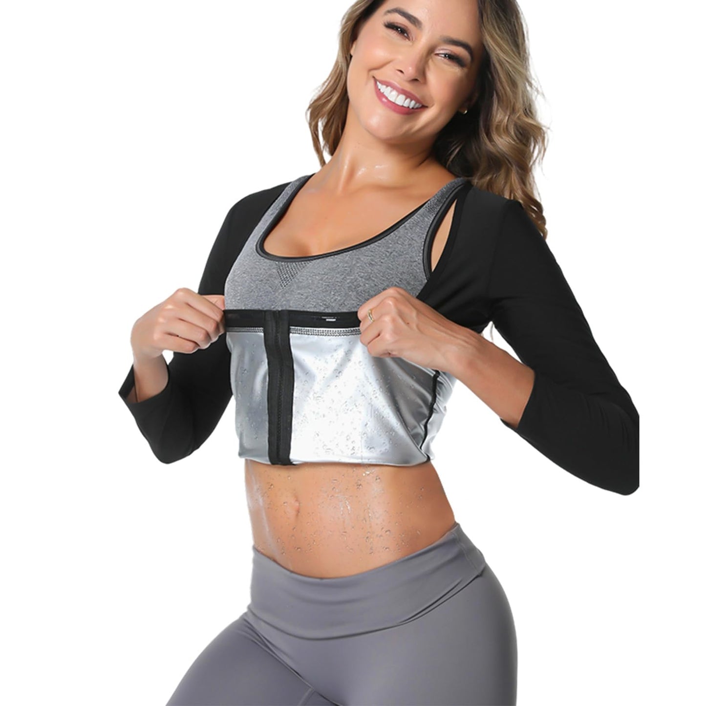 Towintec Sauna Suit for Women Heat Trapping Long Sleeve Sweat Suit Belly Fat Weight Loss Compression Shirts Waist Trainer Workout Body Shaper Tops with Zipper for Athletic Sports Training(Silver,M)