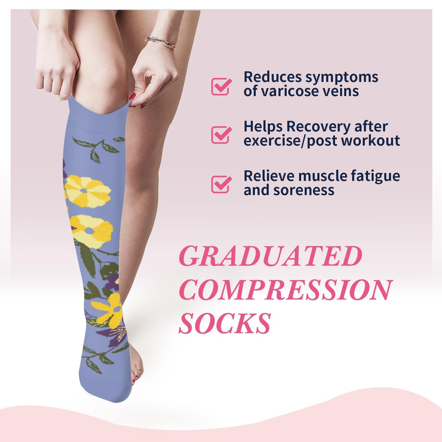 Sooverki Compression Socks for Women & Men 6 Pairs is Best Supportive Knee High Leg Warmers for Purple Yellow Floral Flower Fashion Pattern Arch Support Cushioned