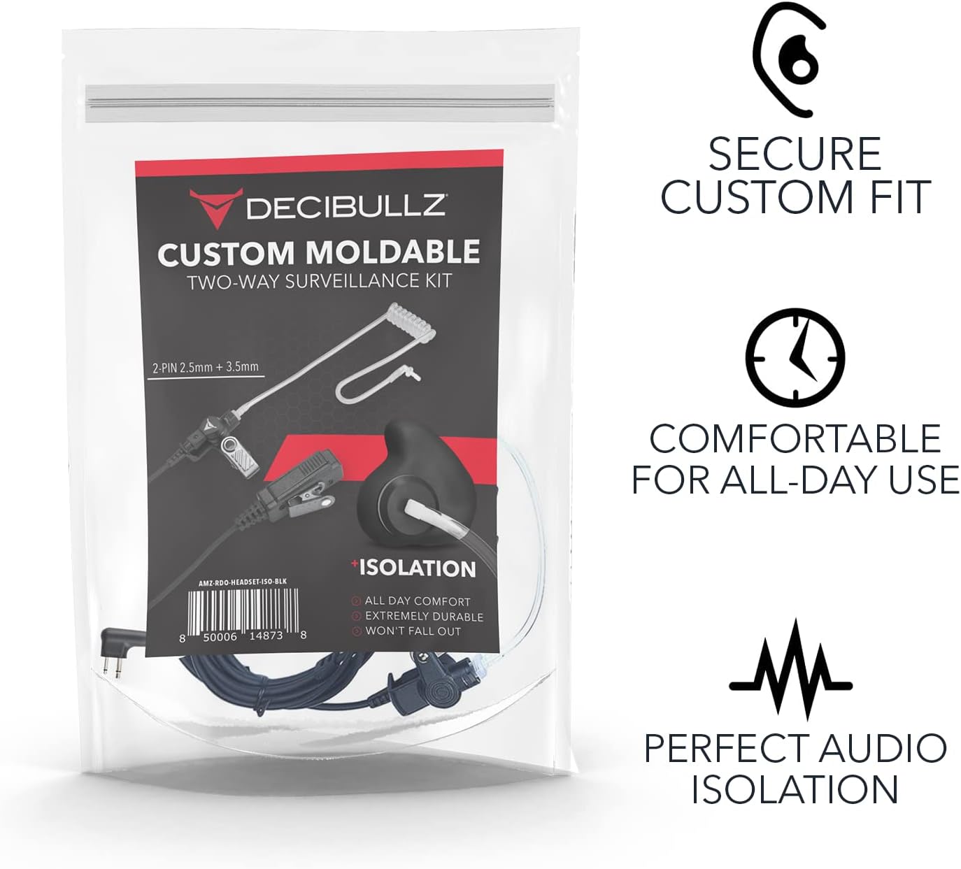 Decibullz Radio Headset - Noise-Reducing Earpieces for Motorola Two-Way Radios | 2-PIN 2.5mm/3.5mm