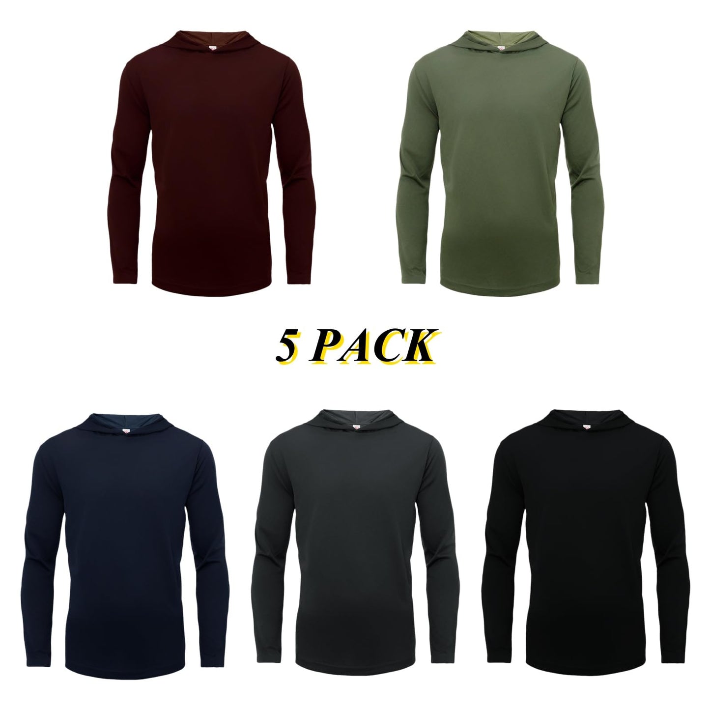 LeeHanTon 5 Pack Men's Hoodie Long Sleeve Dry-Fit Moisture Wicking T-Shirts Sun Protective Fishing Hiking Running Workout Active Shirts L