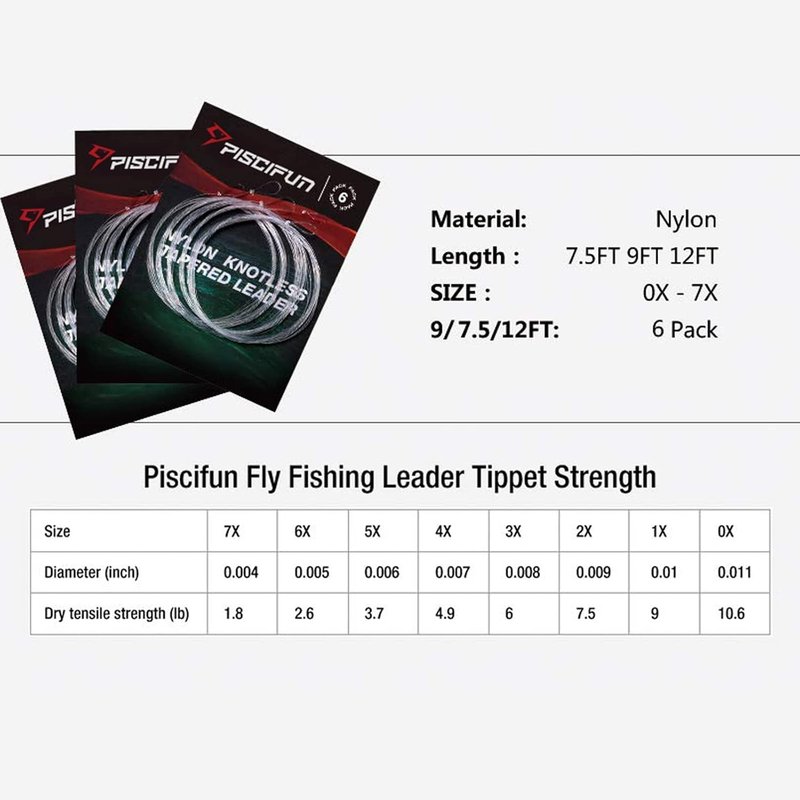 Piscifun Fly Fishing Leader - Tapered Nylon Line with Pre-Tied Loop | 6 Pack, 7.5FT to 12FT Options