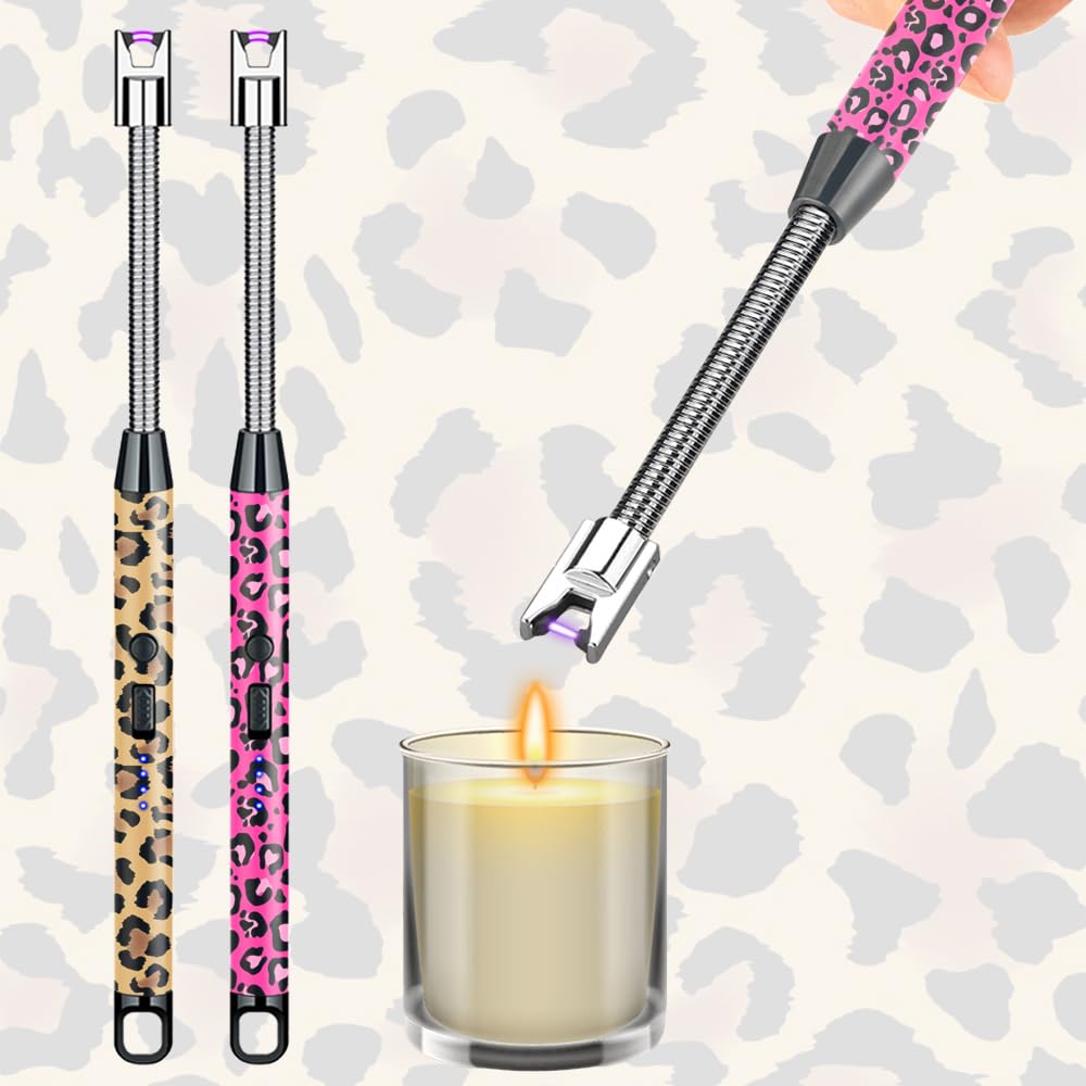 2 Pack Candle Lighter,Arc Lighter with USB Charging,Flameless Windproof,LED Battery Display,Safety Switch,Rotate 360 Degrees,for Aromatherapy,Candles,BBQ,Camping. (Leopard Print)