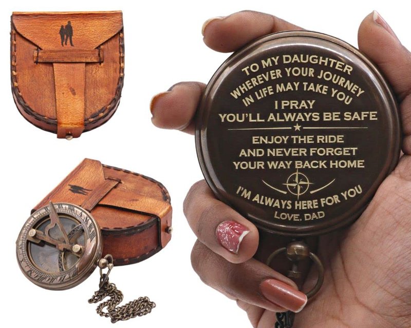 Engraved Sundial Compass with Leather Case – to My Daughter from Mom – Vintage Brass Compass Gift with Inspirational Quote – Graduation, Birthday, Travel Keepsake – Mother to Daughter Gift