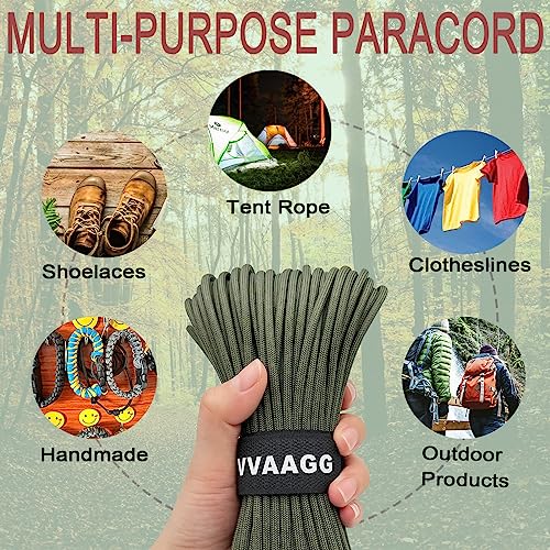 VVAAGG 550 Paracord 100FT, Heavy-Duty Strong Rope, 4mm Parachute Cord, Outdoor Camping Gear Tent Rope Green