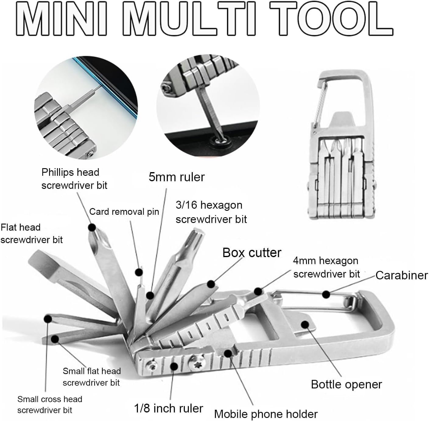 Mini Multi Tool Self - 12 in 1 Portable Keychain Mini tool, Multi Tool Jaw Breaker Mini Tool With Needle Nose Pliers Bottle Opener Phone Holder Screwdriver Carabiner For for Outdoors Camping