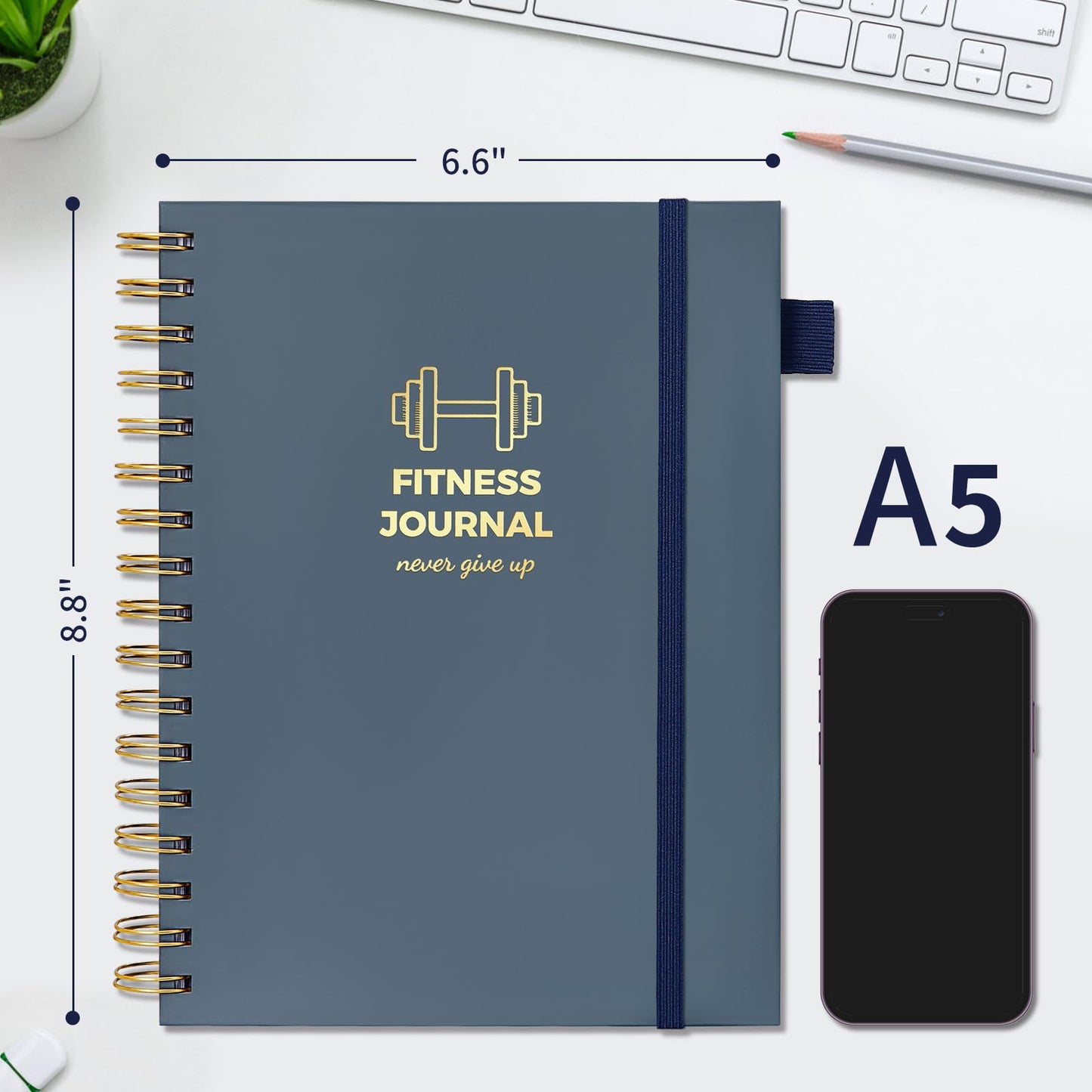 Fitness Journal for Women and Men, 8.8" x 6.6", Workout Log Sprial Book Planner for Tracking Progress and Achieving Your Wellness Goals, Hazeblue