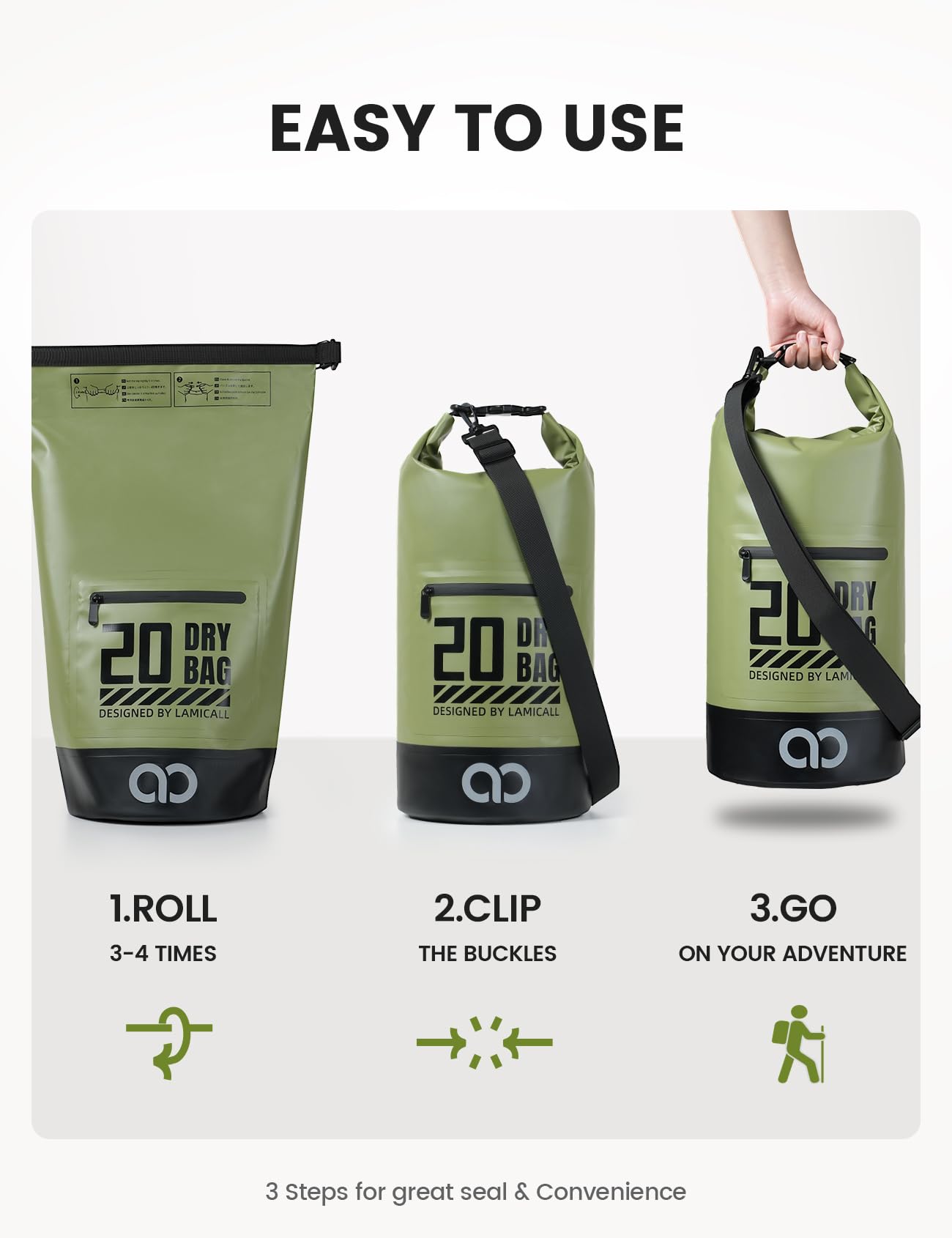 Lamicall Waterproof Dry Bag with Phone Pouch - 5L/10L/20L/30L/40L Floating Roll Top Backpack for Kayaking Boating Beach Camping Fishing - Heavy Duty 500D PVC Marine Dry Sack for Men, Women, Green 10L