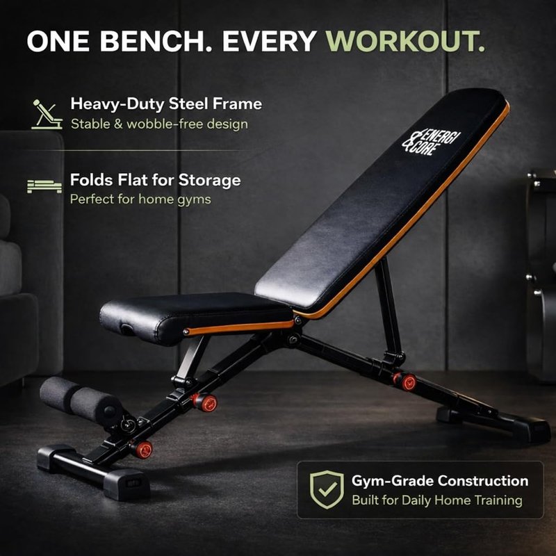 Adjustable Workout Bench for Home Gym – Foldable Weight Bench Incline Decline Flat for Full Body Strength Training | Compact Exercise Bench for Dumbbell & Fitness Workouts by Energi Core
