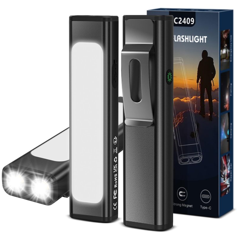 Spriak EDC Flat Flashlight Rechargeable, 1200 Lumens USB-C Pocket Flashlight with Clip, 9 Modes Magnetic Waterproof Small Flash Light for Camping, Work, Repair & Emergencies (Black, 2PCS)