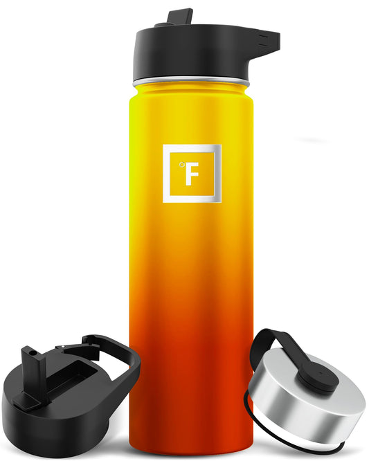 IRON °FLASK Sports Water Bottle - 22 oz, 3 Lids (Straw Lid), Stainless Steel Vacuum Insulated, Hot Cold, Modern Double Walled, Simple Thermo Mug (Fire)