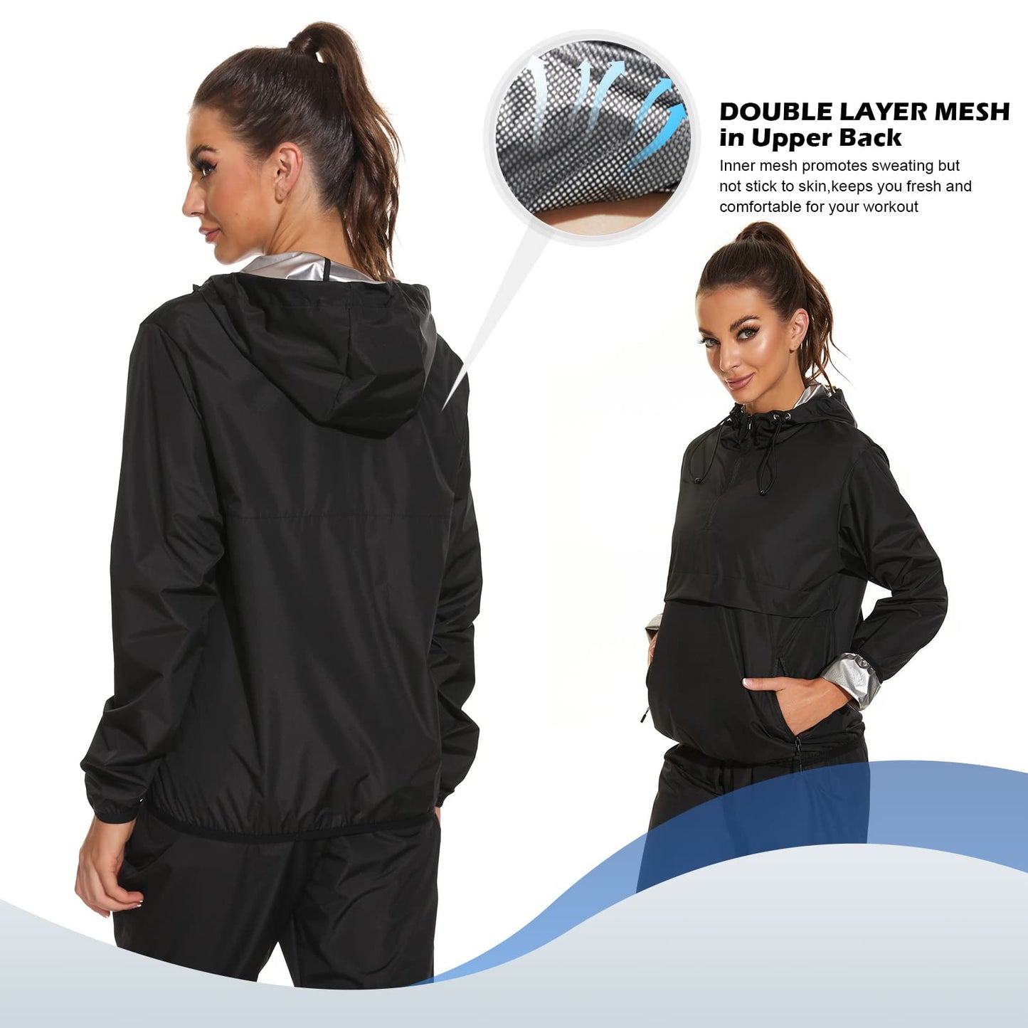 YYQ Sauna Suit for Women Weight Loss Sauna Jackets Sweat Pants Gym Boxing Workout Tops Hoodies Sweat Suit for Women Plus Size (Black Jacket and Pants, Small)