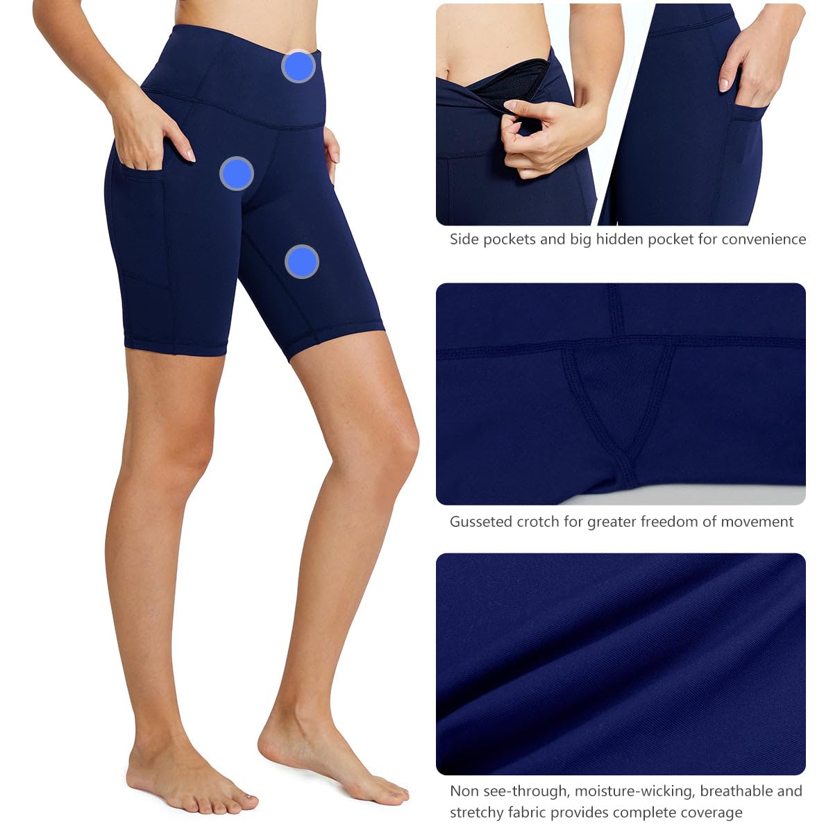 baleaf Women's High Waist Biker Shorts Tummy Control Spandex Shorts with 3 Pockets for Yoga Running Workout Compression 8" Navy Blue XXL