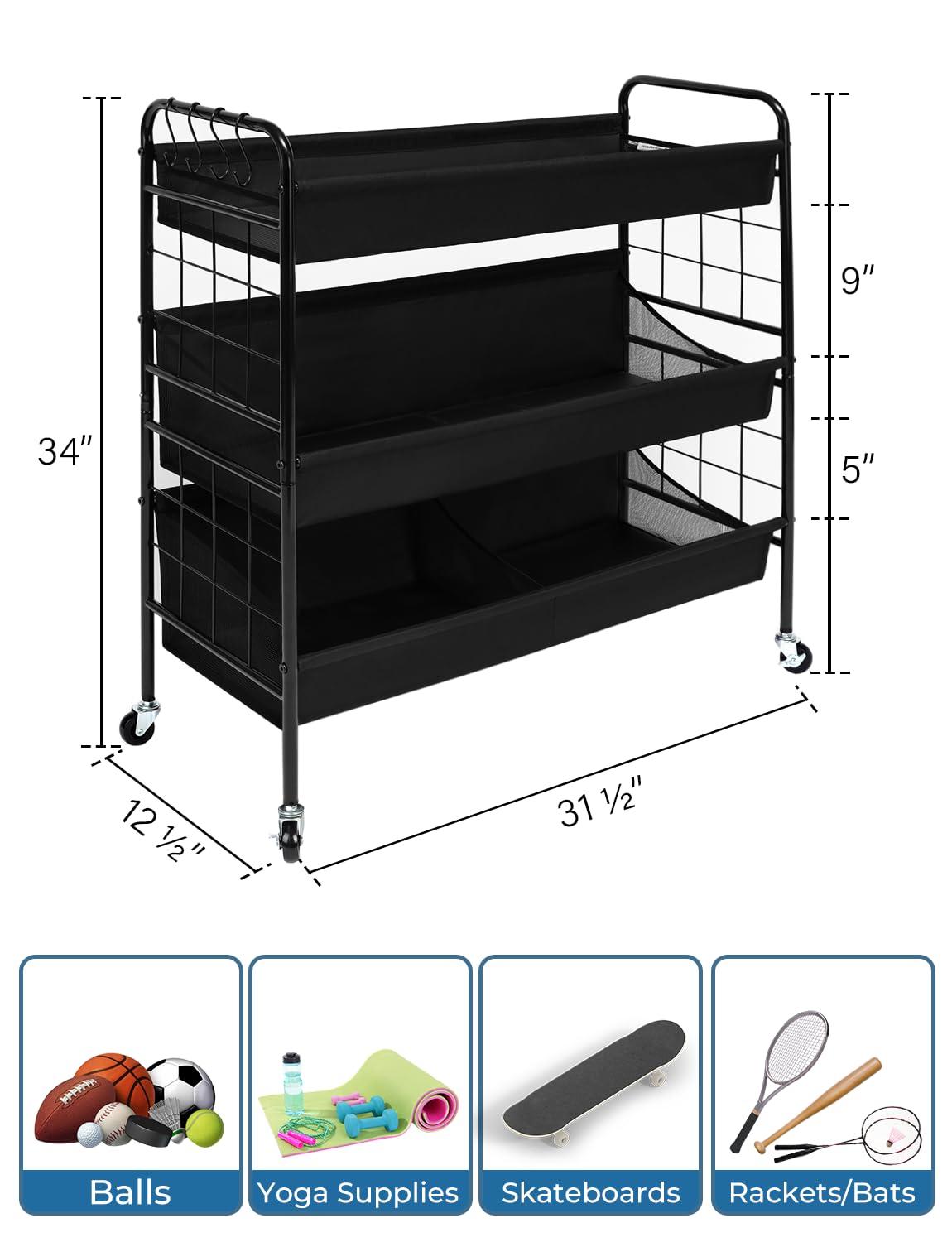 StorageWorks Sports Equipment Organizer with Hooks, Ball Rack Organizer with Wheels, 3-Shelf Ball Rack for Basketball, Football, Volleyball, Large