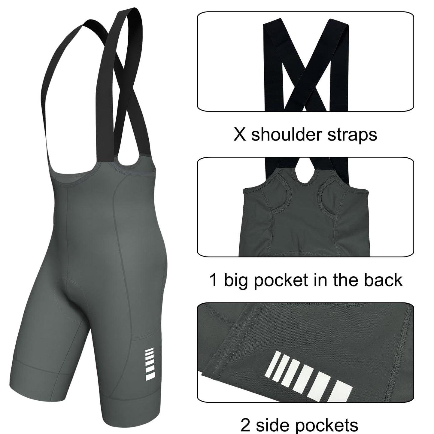 Lo.gas Cycling Bibs Men Shorts 3D Padded Bike Shorts High Stretch Quick-Dry 3 Pockets & 2.56 Inch Non-Slip Leg Grippers Grey L