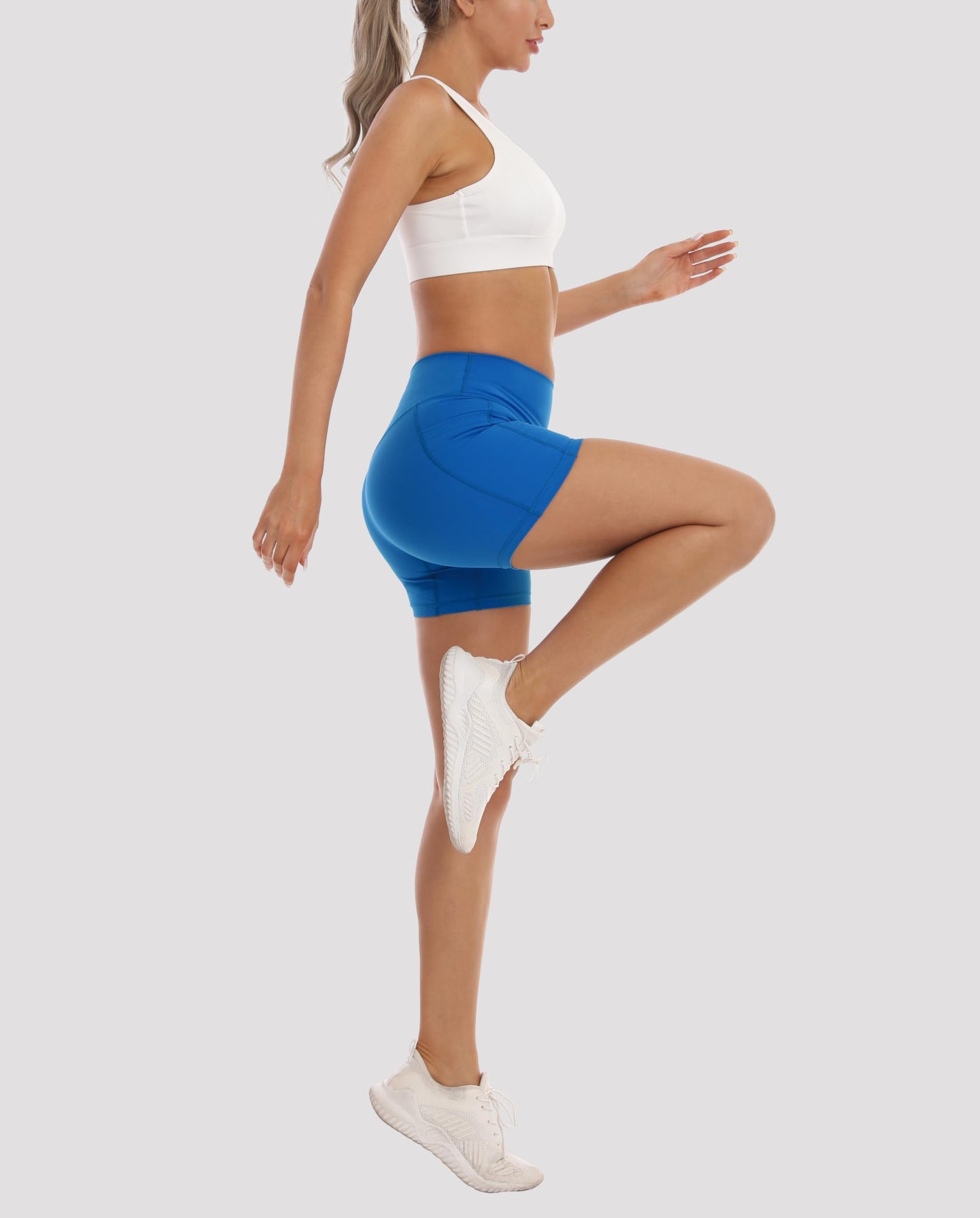 High Waisted Biker Shorts for Women 5'' Tummy Control Running Workout Spandex Athletic Gym Yoga Shorts with Pockets cb l Classic Blue