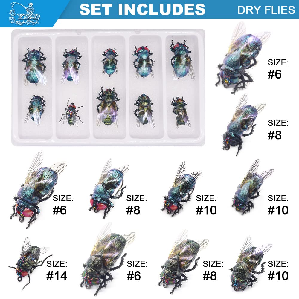 YZD Realistic Fly Fishing Dry Wet Nymph Trout Flies Topwater Lures for Freshwater Saltwater High Simulation Hand Tie Lure Kits 10 pcs