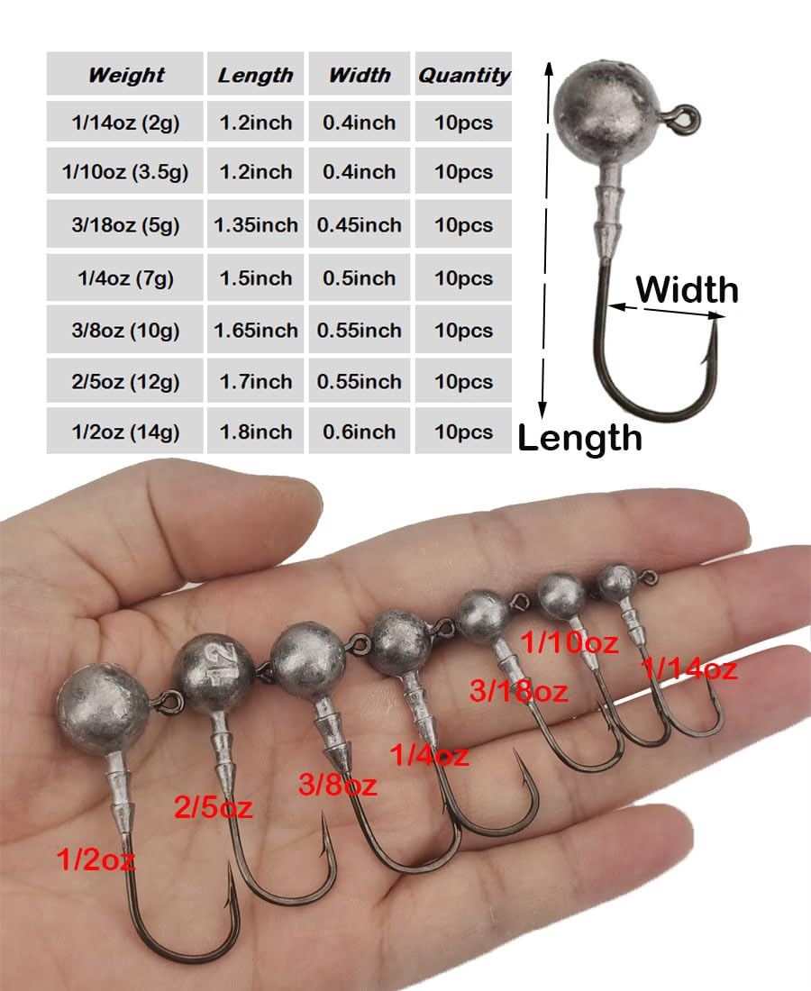 Laxygo 10pcs/Pack Fishing Jig Head Hooks Lead Jig Head Crappie Jigs Round Ball Sharp Jig Hooks Assortment for Bass Fishing Saltwater Freshwater 1/14oz-1/2oz (3/18oz(5g)-10pcs, Round Jig)