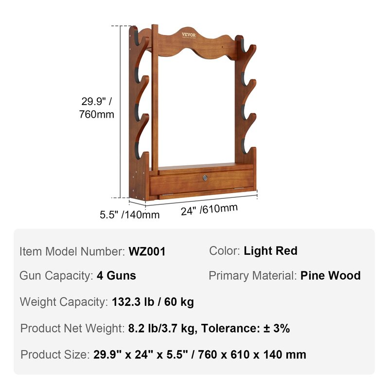 VEVOR Gun Rack, Wood Gun Rack Wall Mount, Gun Display Rack Holds 4 Rifles, Shotguns, 132 lb Heavy Duty Wall Storage Display Rifle Rack with Soft Padding