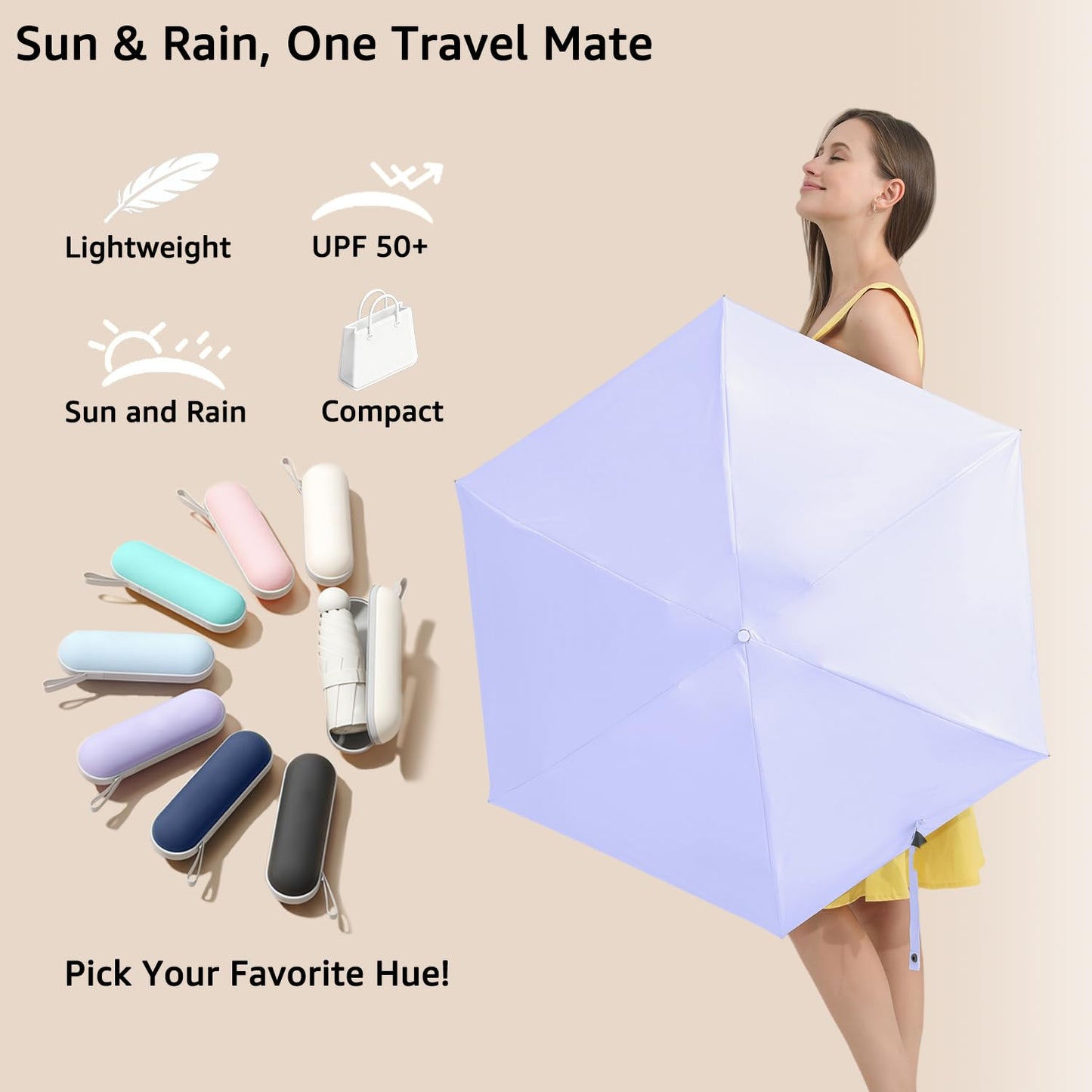 BAODINI Travel Essentials Mini Umbrella for Purse With Case Small Compact UV Sun Protection Lightweight Tiny Pocket Manual Open Close Umbrella for Women Kids and Men Fits Purse Backpack