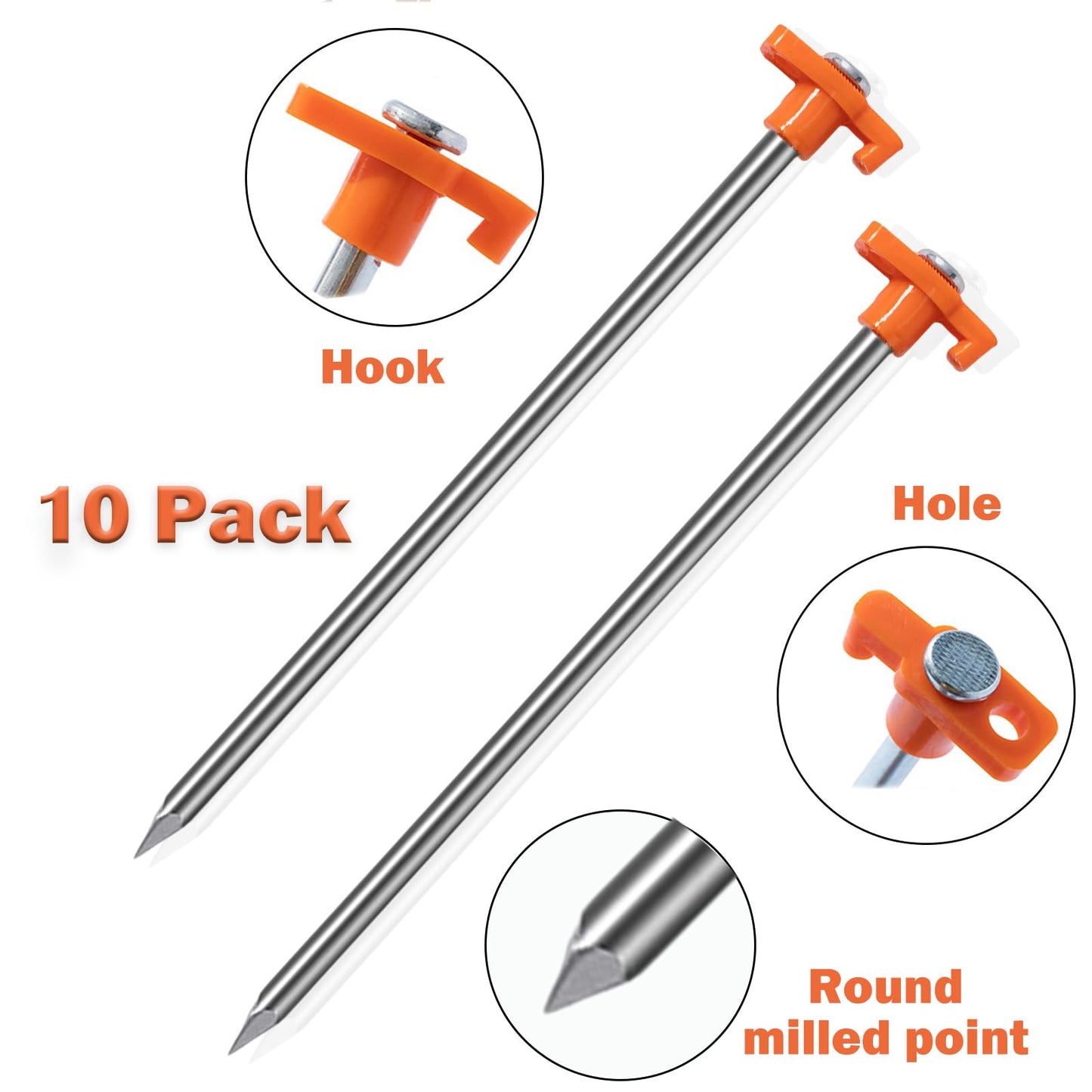 Cheardia 10 Pack Tent Stakes Heavy Duty, 10.25 Inch Yard Stakes Non-Rust Metal Tent Pegs Ground Stakes Tent Spikes for Decorations Camping Patio, Garden, Canopies, Grassland, Outdoor, Orange