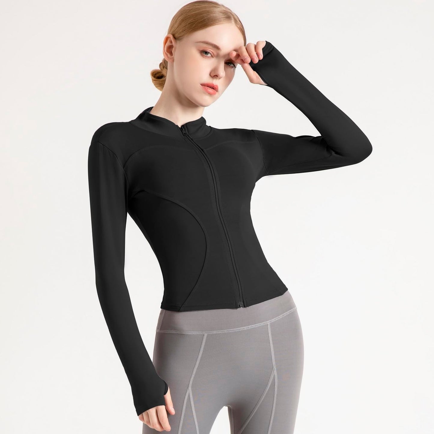 Ncvtang Women's Cropped Lightweight Stretchy Running Track Jackets Full Zip Slim Fit Athletic Tops with Thumb Holes(Black,S)