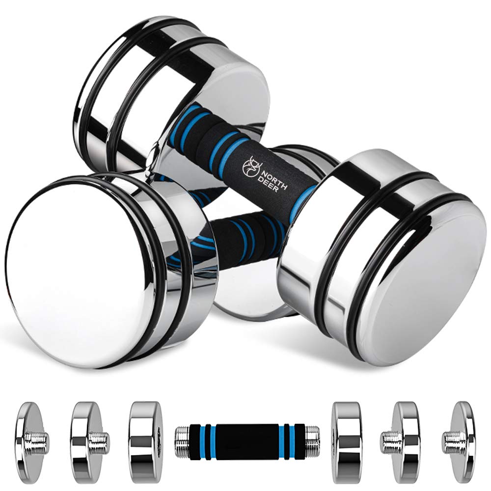 Adjustable Dumbbell Set 10lb Pair (5lb/7lb/8lb/10lb) Set of 2 Steel Dumbbells Chrome Weights with Foam Handles Home Gym Workout (Standard-Finish 10lb×2)