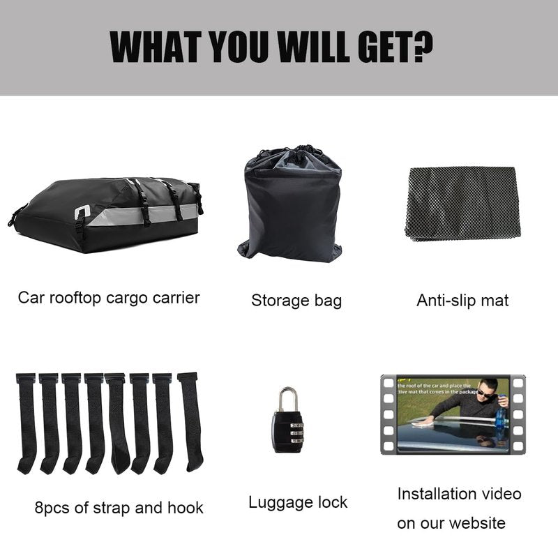 FANXIN Car Roof Bag, Rooftop Cargo Carrier 21 Cubic Feet, Waterproof Car Topper Luggage Carrier with/Without Rack, Includes Anti-Slip Mat, 8 Reinforced Straps, 8 Door Hooks, Luggage Lock, Storage Bag