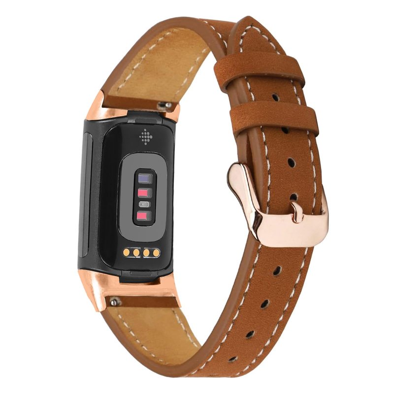 Mtozon Leather Bands Compatible with Fitbit Charge 6/Charge 5, Replacement Genuine Leather Straps for Women Men, Frosted Brown