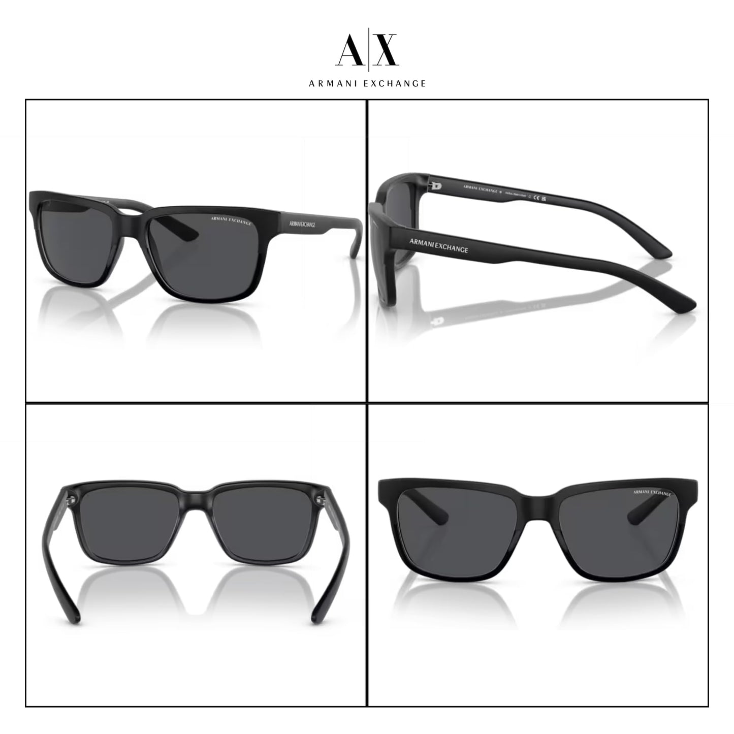 Armani Exchange A|X AX4026S 812287 56M Matte Black/Glossy Black/Grey Solid Square Sunglasses for Men for Women+Bundle with Accessory Eyewear Kit