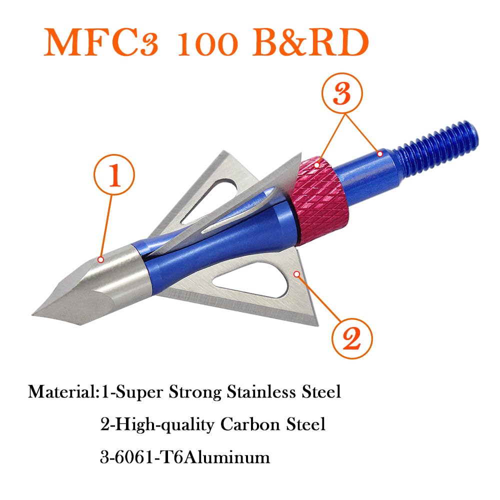 maifield Archery Broadheads 100 Grain Bowhunting Arrow Head 3 Fixed Blades 6 Pack for Small Game Crossbows and Compound Bow Arrows (Blue+Red 6PCS)