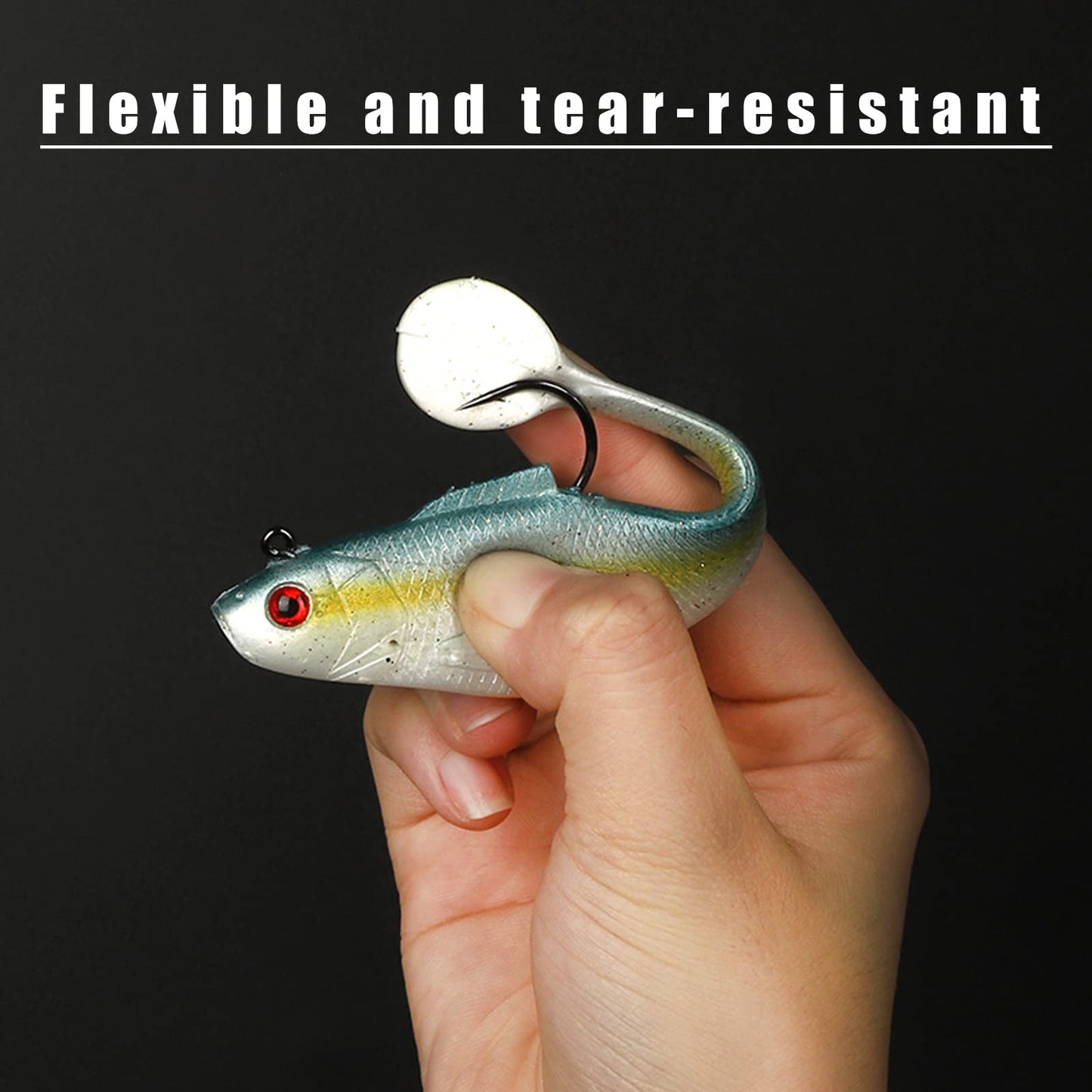 DMSHARK Pre-Rigged Jig Head Paddle Tail Fishing Lures Swim Shad 3PCS 4" 1oz Soft Plastic Swimbait for Freshwater and Saltwater (Pearl RED Eye)
