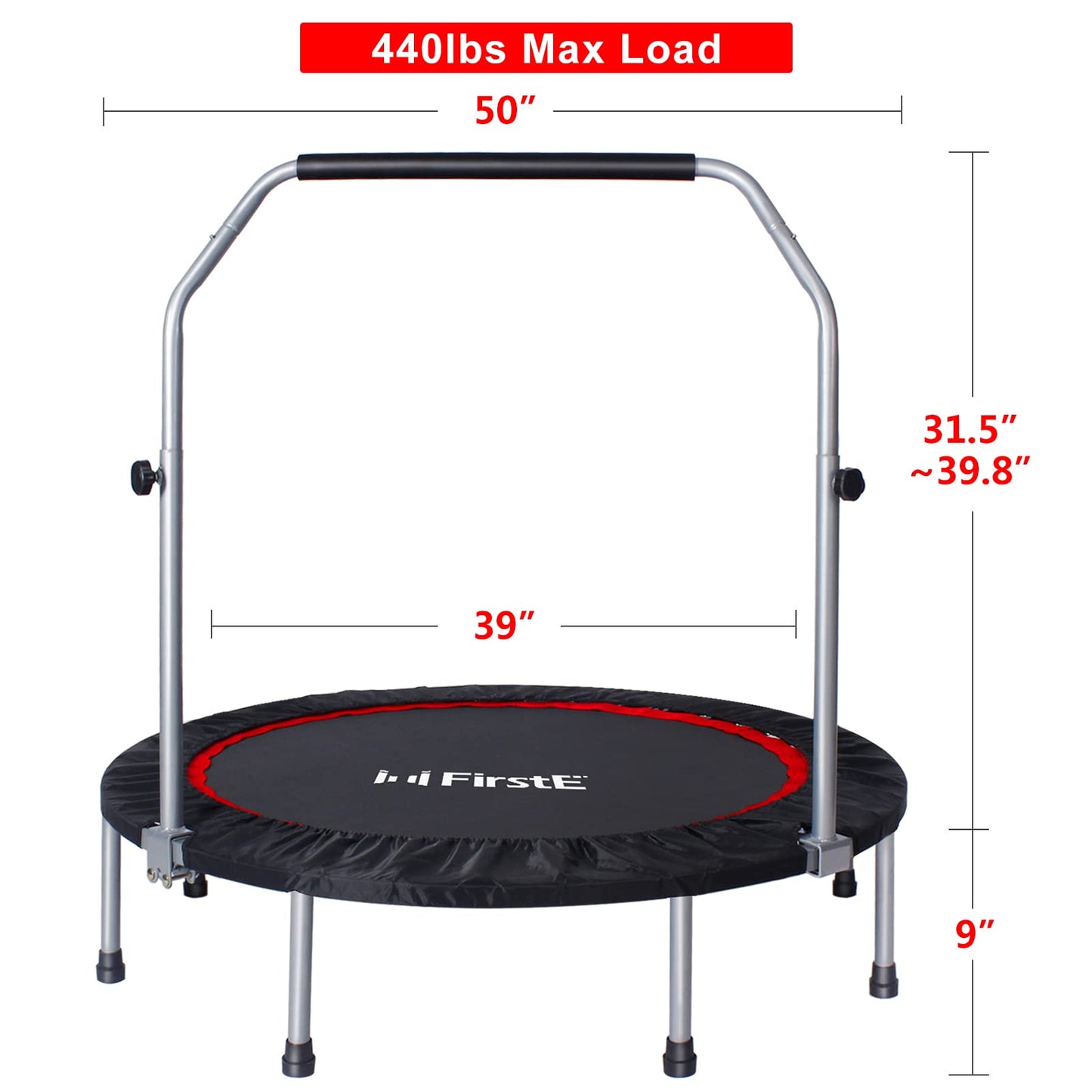 50 Inch Mini Fitness Trampoline for Adults, Foldable Exercise Trampoline with 5 Levels Adjustable Foam Handle, Rebounder Trampoline for Bounce Workout Indoor/Garden Max Load 440lbs