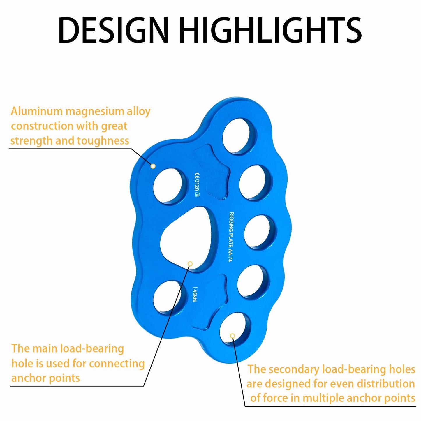 FTGear 45KN Durable Climbing Rigging Plate, 8 Holes Paw Rigging Plate for Even Load, Multiple Anchor Plate for Climbing, Backyard Ziplining & Rescue, Blue
