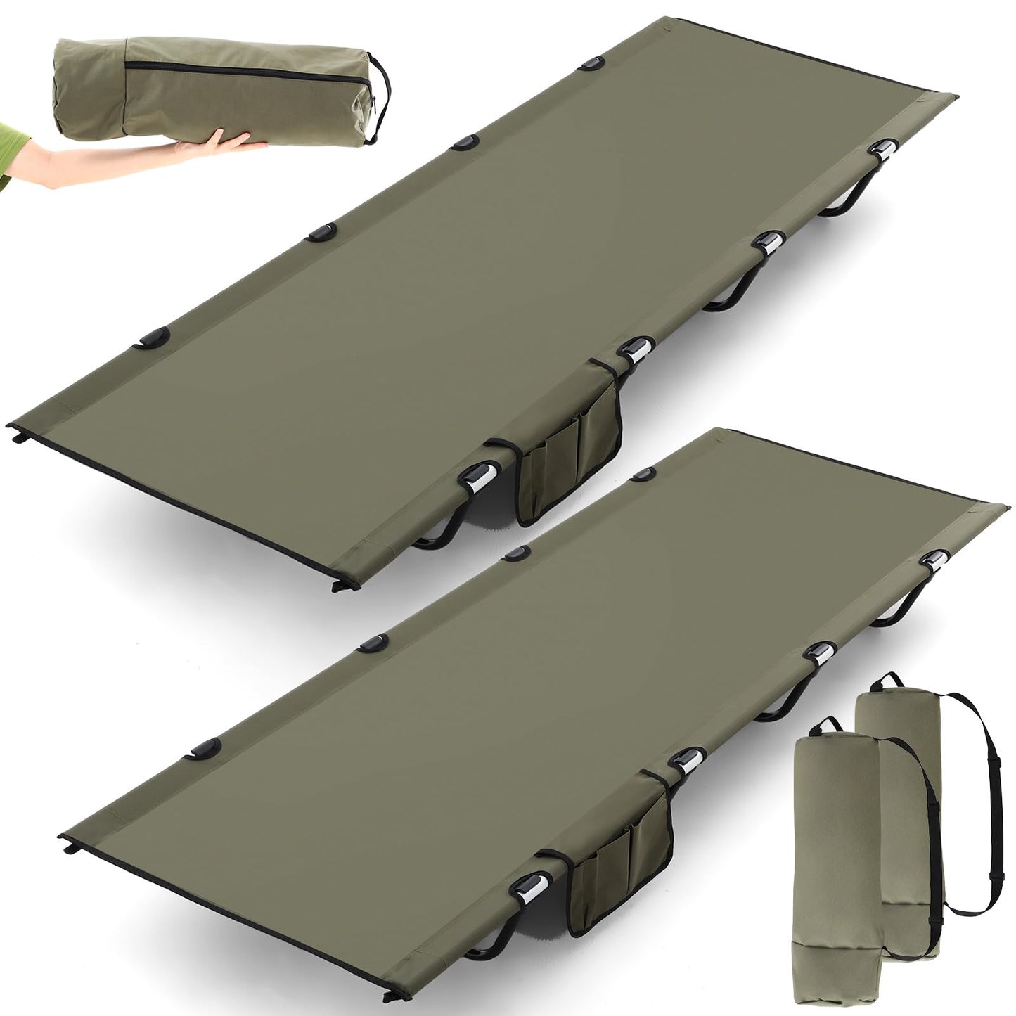 Suzile 2 Pack Lightweight Cots Backpacking Cot Supports 330 Lbs Sleeping Cots for Adults Easy Assemble Portable Folding Cot with Carry Bag Military Compact Cots for Camping Travel Hiking（Army Green）