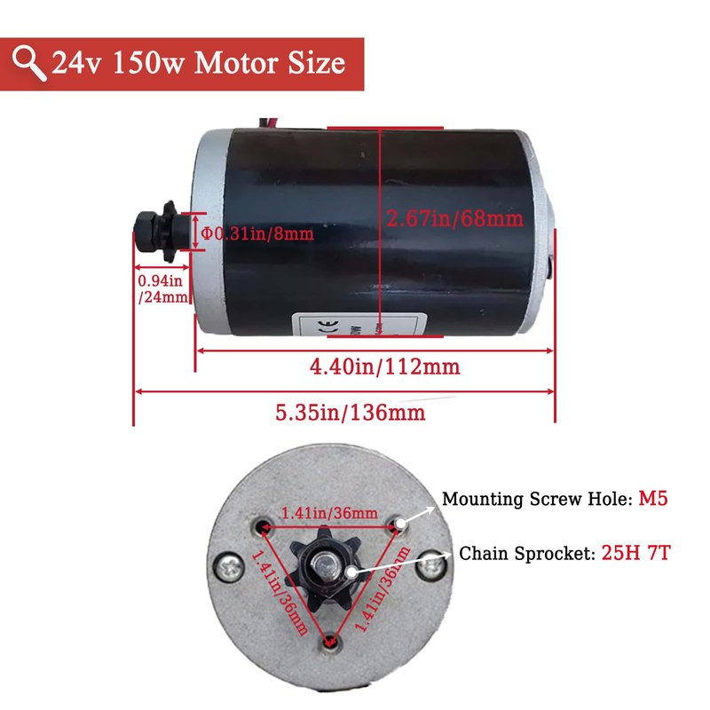24V 150W Electric Scooter Motor with 7 Tooth 25H Chain Sprocket MY6812 Electric Brushed Motor High Speed Small Brush DC Motor for Razor E100 Scooter Electric Dirt Bike MX125 Motor Replacement Upgrade
