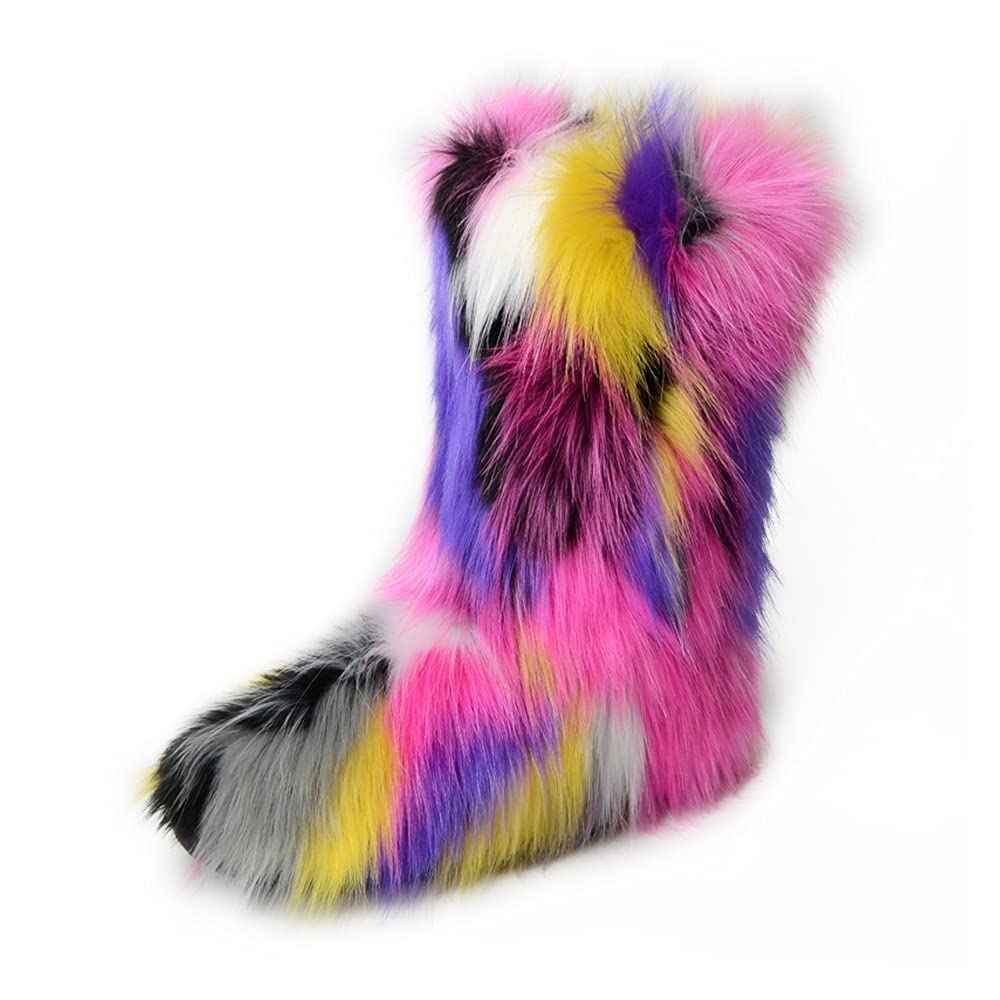 ZOSCGJMY Faux Fur Boots for Women Fuzzy Fluffy Furry Round Toe Suede Winter Snow Boots Flat Shoes Multicolor-6 10