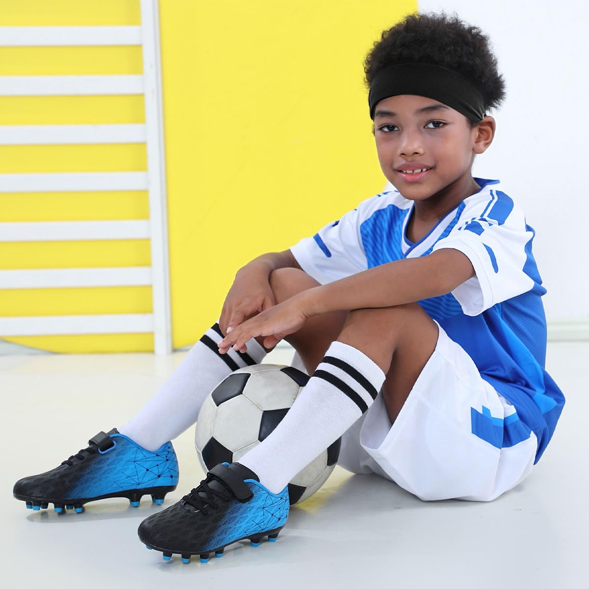 brooman Kids Firm Ground Soccer Cleats Boys Girls Athletic Outdoor Football Shoes(2,Black Blue)