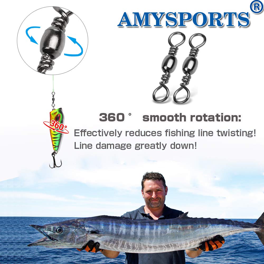 AMYSPORTS High Strength Fishing Swivels - Barrel Solid Ring Swivel, Rolling Line Connector - Saltwater & Freshwater - Stainless Steel - 50pcs, 60lbs