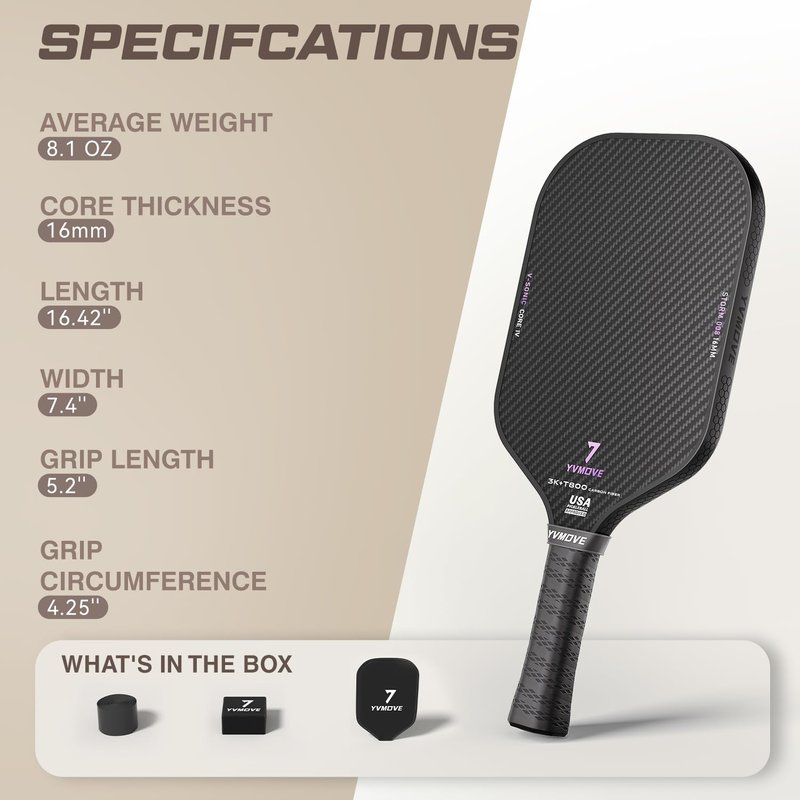 YVmove T800+3K Carbon Fiber Pickleball Paddle with 16mm V-Sonic IV Dynamic Core, Premium Pickle Ball Thermoformed Unibody, Elongated Shape, Enhanced Control & Ultimate Spin, USAPA Approved
