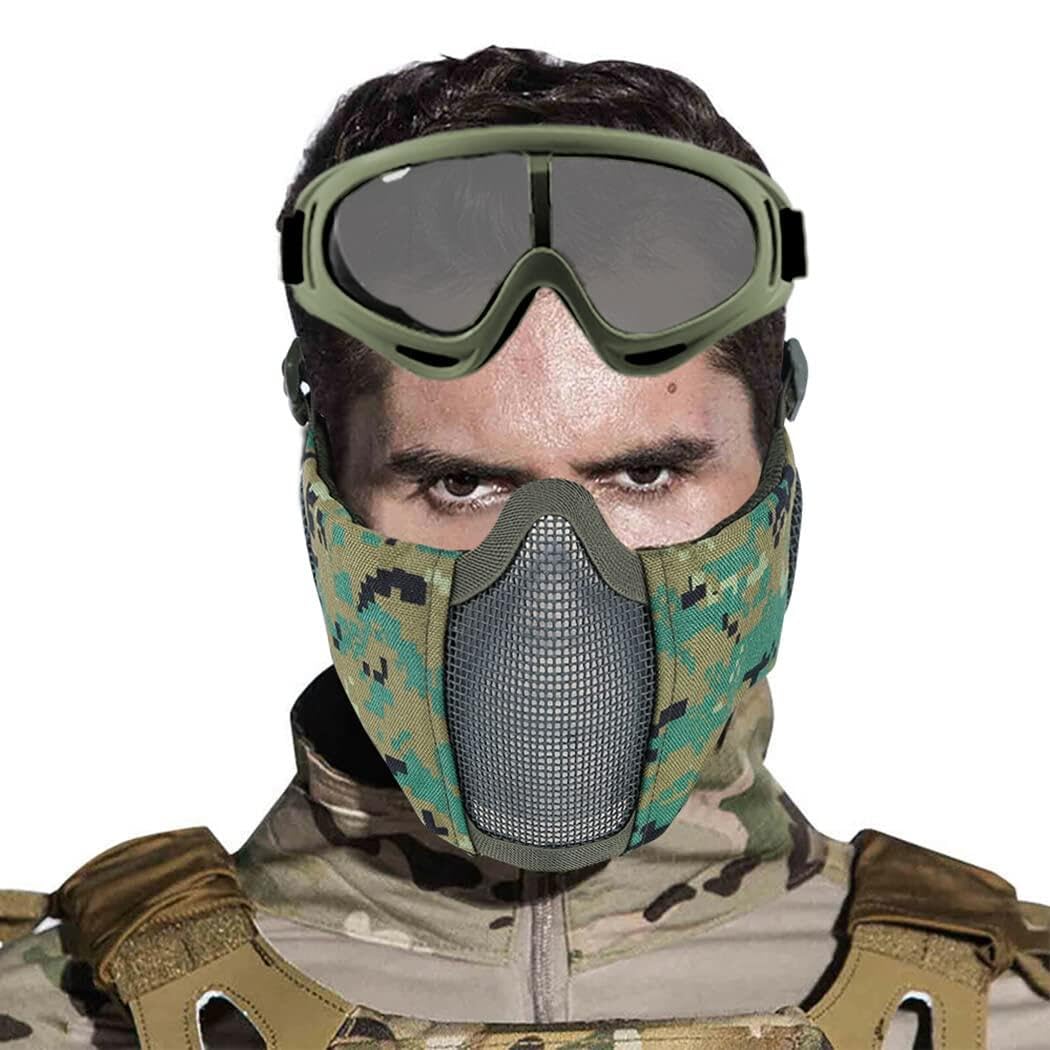 Yzpacc Airsoft Mask with Goggles, Foldable Half Face Airsoft Mesh Mask with Ear Protection for Paintball Shooting CS Game