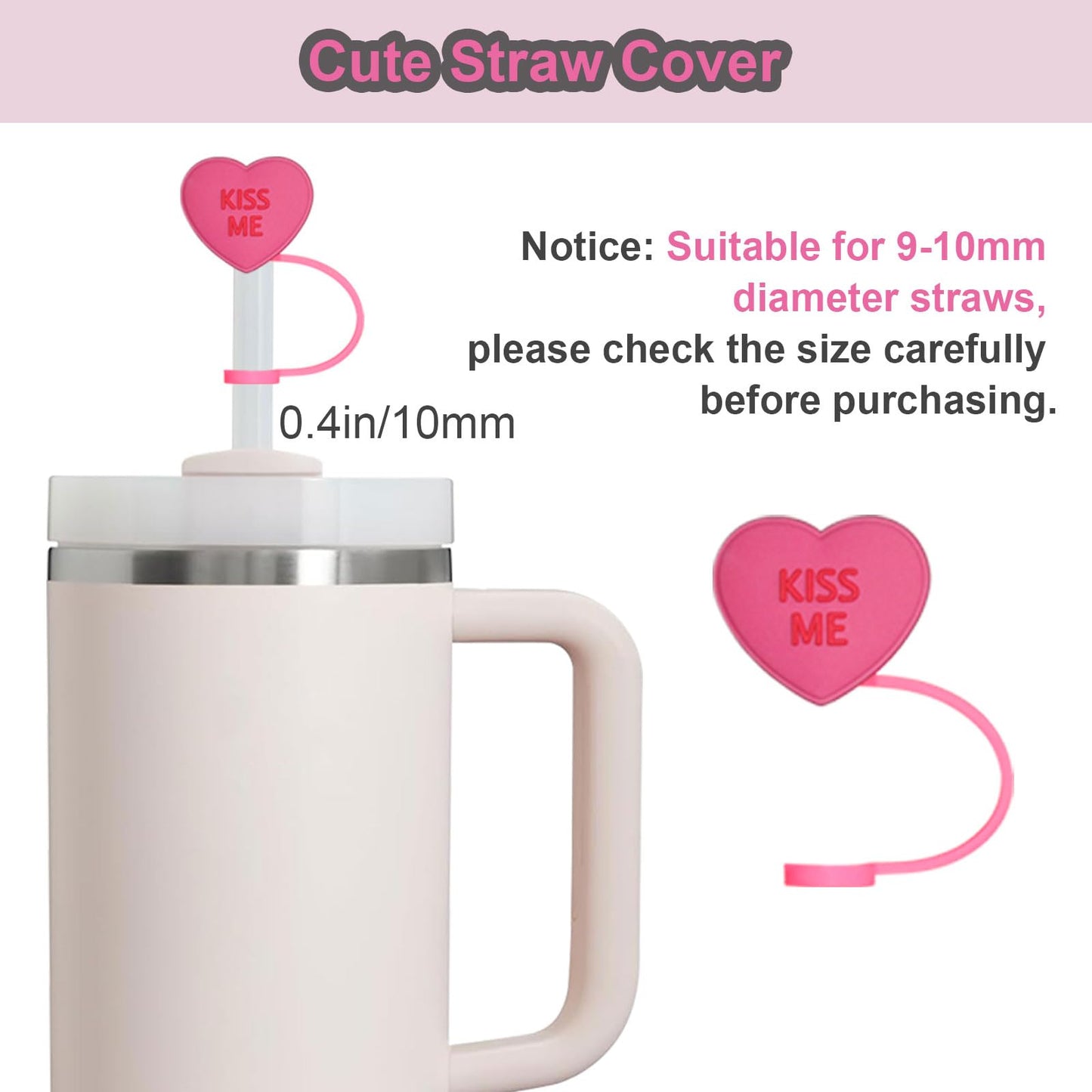 VirgoCCY 5PCS Stanley Cup Accessories Set 30&40 Oz, includes 1pcs 0.4in Straw Covers, 1 Water Bottle Handle Strap, 2 Cute Love Heart Chain Hanging Charms and 1 Silicone Boot, Hot Pink