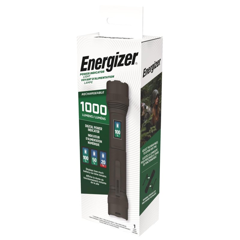 Energizer X1000 Rechargeable LED Flashlight with Power Indicator, Super Bright Flashlight, IPX4 Water Resistant, Rugged Light for Outdoors, Emergencies