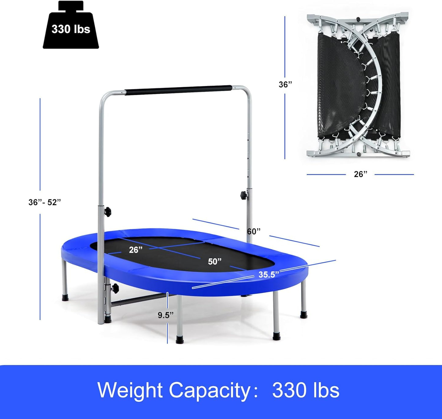 Rebounder Trampoline for Adults - 60” Foldable Mini Indoor Fitness Trampoline with Adjustable Handle & Non-Slip Pads | Max Load 330lbs