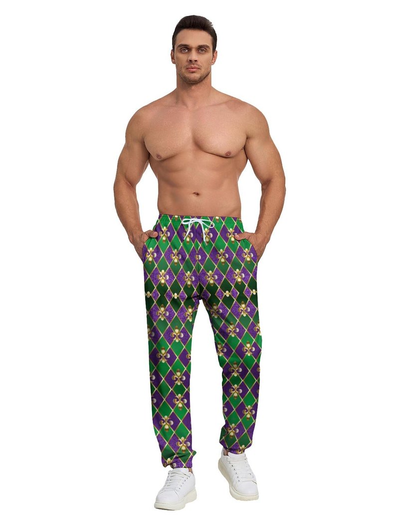 Purple Mardi Gras Jogger Sweatpants for Men,Retro Jogger Pants Outfit Funny Sports Trousers Casual Workout Pants L