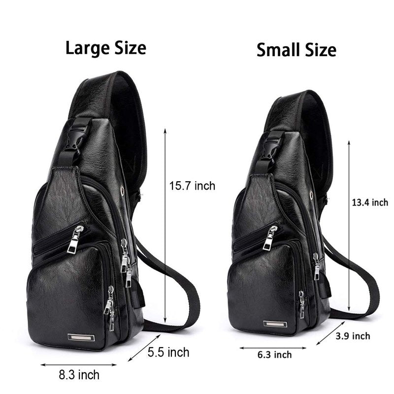 Seoky Rop Men's Leather Sling Bag Chest Crossbody Shoulder Bag with USB Charging Port Black