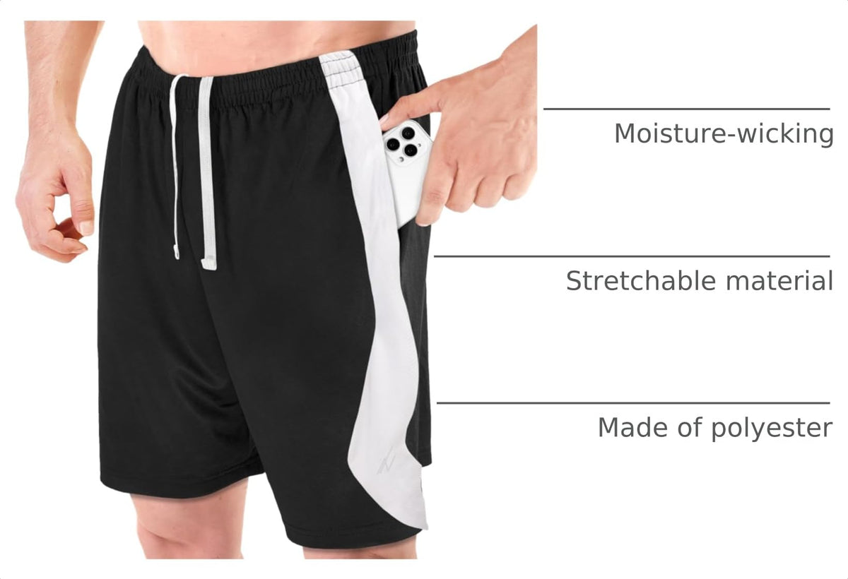 NY Threads Men's Athletic Shorts Quick Dry Loose-Fit Lightweight Running Workout Gym Shorts with Pockets, X-Large, Black White Panel